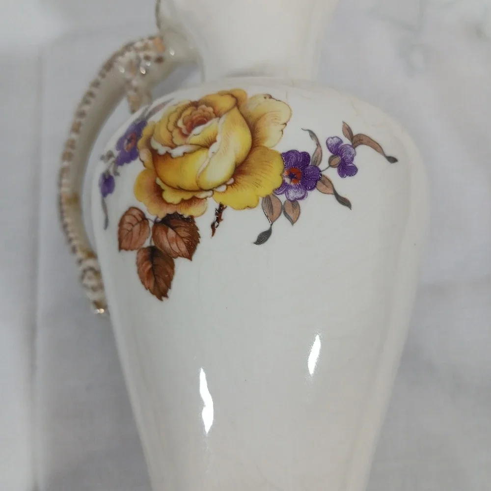 Vintage Pitcher Vase Home Decor Med Cream Good Floral Crackle Glaze Gold Trim